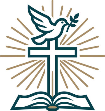 Dove with olive branch cross and open bible vector logo for church branding religious events and faith stationery.