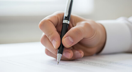 Businessman signing a document with focus and determination in a bright office space