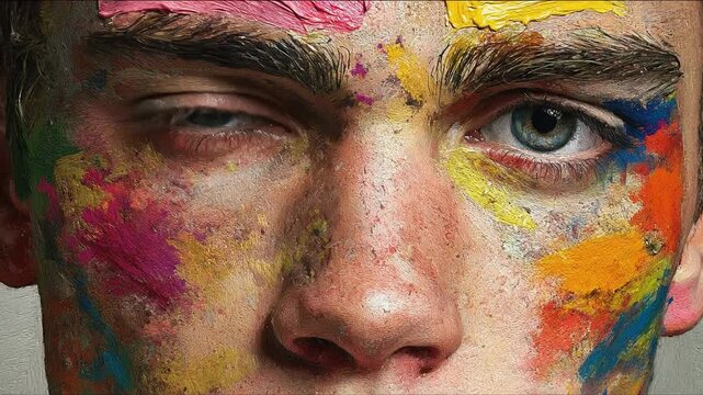Mosaic of faces morphing men and women concept. Close up of a young man face with colorful paint splashes on skin vibrant artistic expression creative portrait