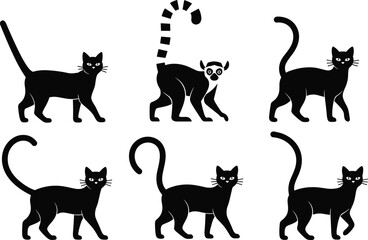 Cat silhouettes with lemur figure, animal comparison, striped tail design, wildlife observation, playful pet icons, exotic animal contrast - flat vector illustration © MSTRAMANA