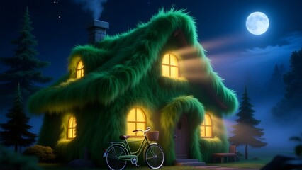 A Green Furry Eco-Friendly Fantasy Cottage with Bikes on a Bright Night