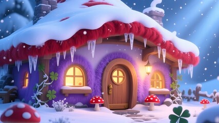 Purple Furry Fantasy House in Winter with Red Roof and Magic Mushrooms