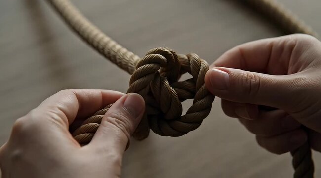 Hands tying a knot in a rope on a wooden surface with a close-up viewpoint