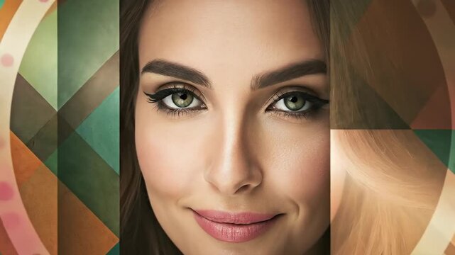 Mosaic of faces morphing men and women concept. Close up portrait of a beautiful woman with green eyes and artistic colorful geometric background