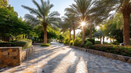 Fototapeta premium Serene Pathway Surrounded by Lush Palm Trees Under Bright Sunshine in a Tranquil Oasis Setting