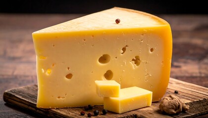 A large wedge of yellow cheese with holes sits atop a wooden cutting board with smaller cheese cubes