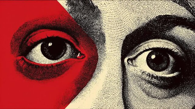 Mosaic of faces morphing men and women concept. Close up artistic face illustration with red overlay and detailed eye texture for creative design