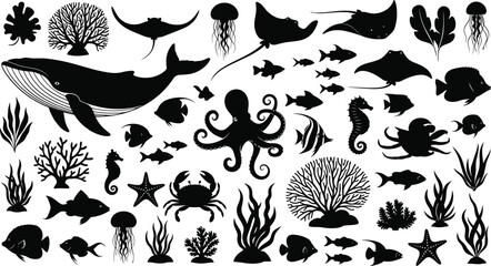 Marine life silhouettes collection, ocean creatures vector, whale octopus jellyfish seahorse crab fish coral seaweed illustration artwork - flat vector illustration © MSTRAMANA