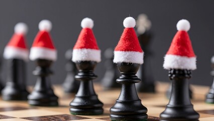 Black Chess Pawn Wearing Santa Hat on Chess Board