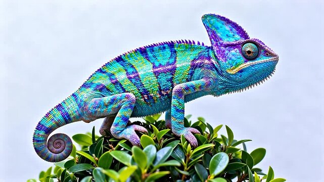 Colorful chameleon on green leaves