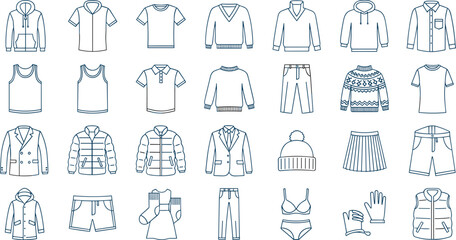 Clothing outline vector icon set with shirts, jackets, pants and fashion apparel line collection © MstTanzila