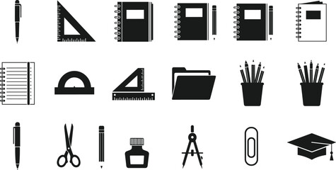 School and office supplies icons collection, stationery vector set, notebook ruler pen scissors compass graduation cap illustration - flat vector illustration © MSTRAMANA
