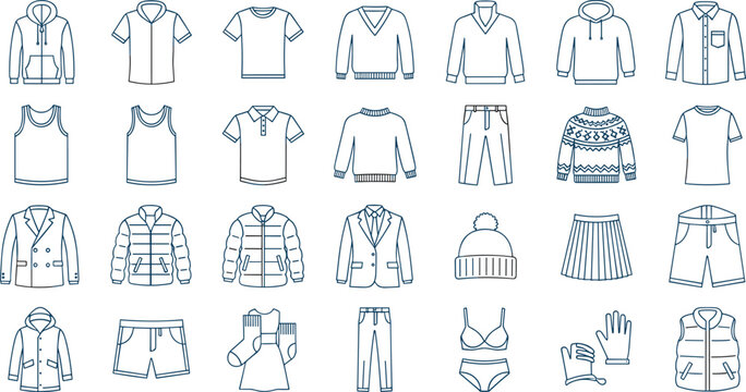 Clothing outline vector icon set with shirts, jackets, pants and fashion apparel line collection