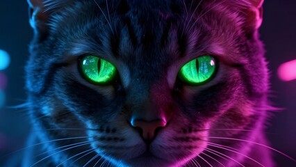 Portrait of a Cyberpunk Cat with Glowing Green Eyes