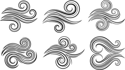 Fototapeta premium Wind flow symbol collection with swirling curved lines, air breeze motion icons, decorative weather design concept, flat vector illustration
