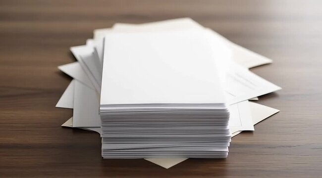 A stack of white papers on a wooden table with scattered sheets around