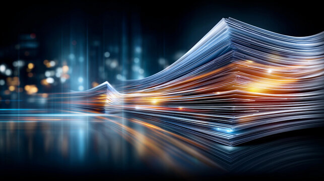 Document management concept with glowing electronic documents flowing across a virtual screen into a paperless processing system, automation efficiency visualization, with copy space