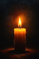 single burning candle with dripping wax and bright flame casting a warm, peaceful glow in a dark space