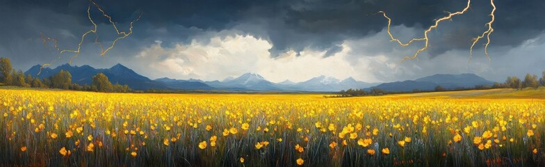 Fototapeta premium Expansive field of yellow wildflowers beneath a stormy sky streaked with lightning and distant snow-capped mountains, dramatic and tense atmosphere