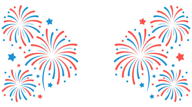 Red blue fireworks and stars border white background celebration