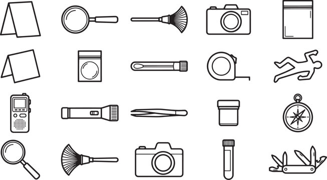 Forensic Investigation Tools Illustrated in a flat design, depicting crime scene investigation icons.