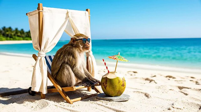 Relaxing monkey wearing sunglasses enjoying a refreshing coconut drink on a pristine tropical beach under a small canopy.