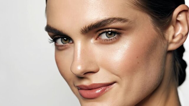 Mosaic of faces morphing men and women concept. Close up portrait of beautiful young woman with natural glowing skin and striking eyes