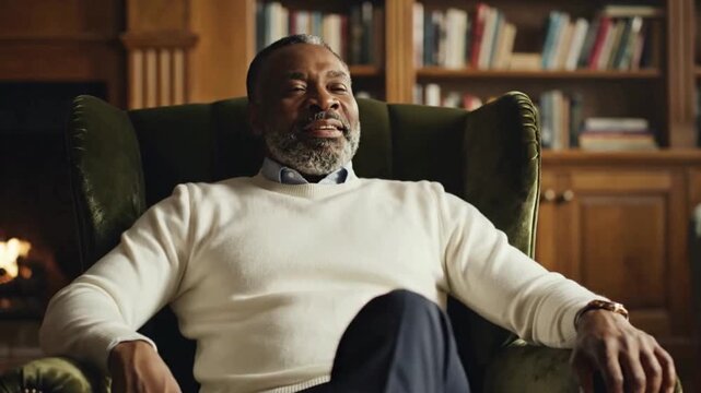 Engaging video footage captures a distinguished senior African American man relaxing comfortably in a plush armchair