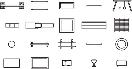 Minimalist line art of various fitness equipment. A graphic collection of simple, clean, and modern representations of workout gear.