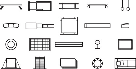 Simplified illustrations of various gym equipment, rendered in a minimalist style, perfect for illustrating fitness concepts. 
