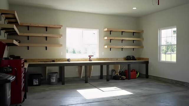 Bright and Organized Workshop Space with Wooden Shelves - A Modern Garage for DIY Projects Tool Storage and Home Improvement Enthusiasts