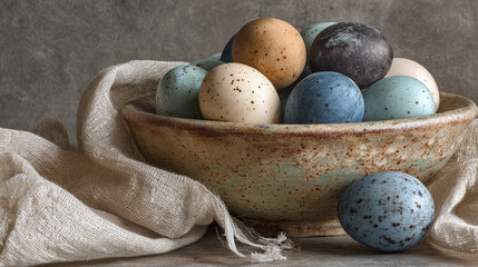 Obraz premium Colorful speckled eggs fill a rustic ceramic bowl with linen cloth for springtime celebrations.