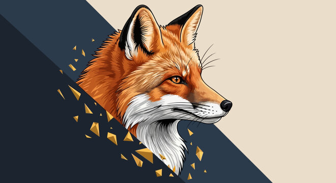 Vector illustration of a fox head with abstract orange sparks on a split color background