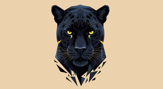 Black panther head vector illustration with yellow eyes on beige background