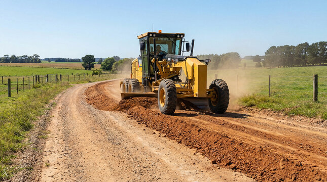 Grader leveling dirt road on rural landscape under blue sky  