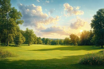 Naklejka premium sunlit green meadow with scattered trees, flowering bushes and golden sunset sky conveying peaceful serene calm