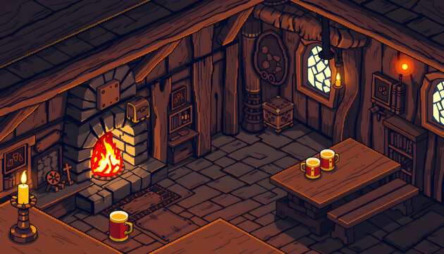 Pixel art fantasy tavern interior with fireplace
