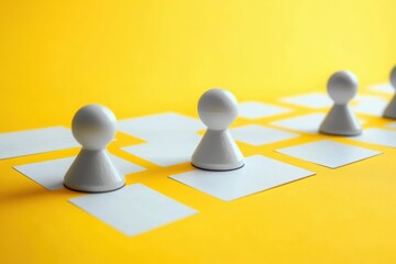 Obraz premium white pawn tokens on white square cards arranged on a bright yellow background suggesting organization, connection and optimistic teamwork