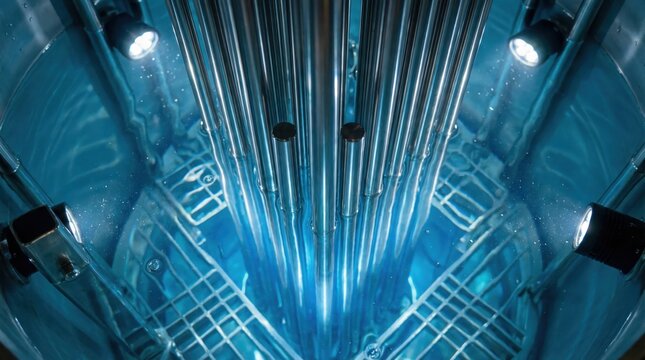 Interior of Working Small Modular Reactor SMR Core with Blue Cherenkov Radiation