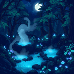 Pixel art magical nighttime hot springs in forest
