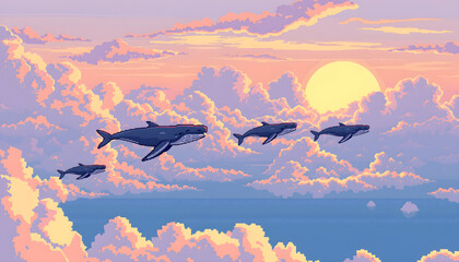 Pixel art fantasy sky whale migration at sunset