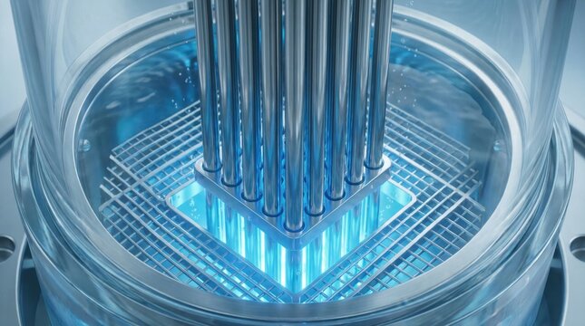Interior of Working Small Modular Reactor SMR Core with Blue Cherenkov Radiation
