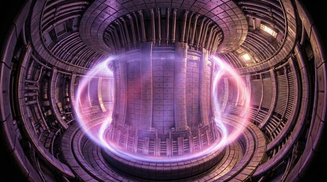 Nuclear Fusion Reactor Tokamak Interior with Glowing Plasma Vortex