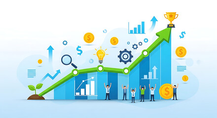 Fototapeta premium Business growth and success illustration with upward arrow, bar graphs, financial icons, teamwork, and trophy achievement vector design