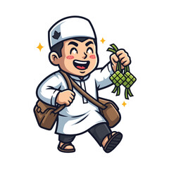 Fototapeta premium Chef character holding ketupat bundles in joyful stride