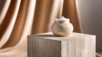 Elegant Moisturizing Cream Jar Displayed on Minimalist Wooden Block Surrounded by Soft Drapery