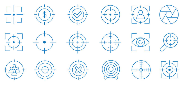Focus line icon set in sky blue. Collection of crosshair and target icons. Target icon with arrow in center symbolizing goal, focus and accuracy.
