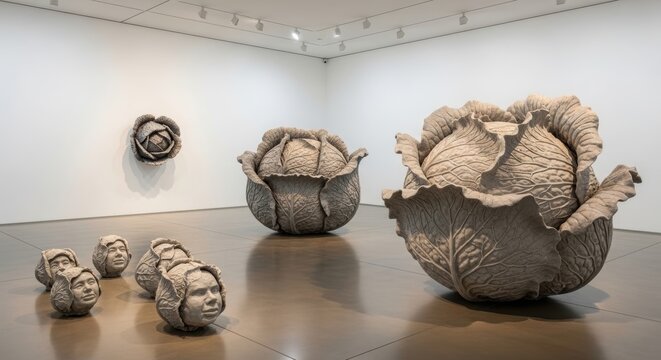 Three large cabbage sculptures and several smaller cabbage-head sculptures with faces depicted in a modern art gallery. Contemporary artwork for exhibition.