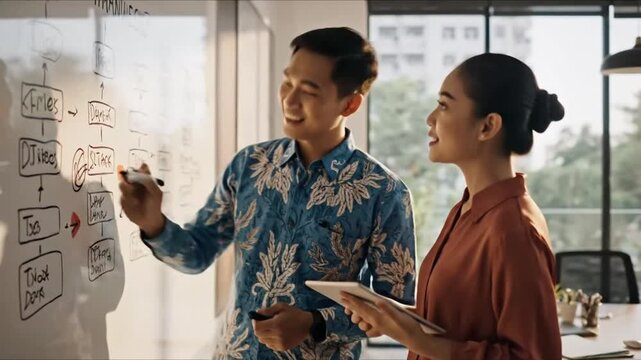 Asian business professionals collaborating on a project using a whiteboard and tablet.