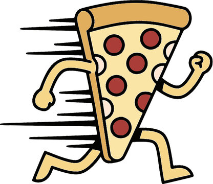 Fast running pepperoni pizza slice mascot vector. Energetic cartoon character with speed lines for express food delivery branding, pizza shop marketing, fitness memes, and snack delivery ads